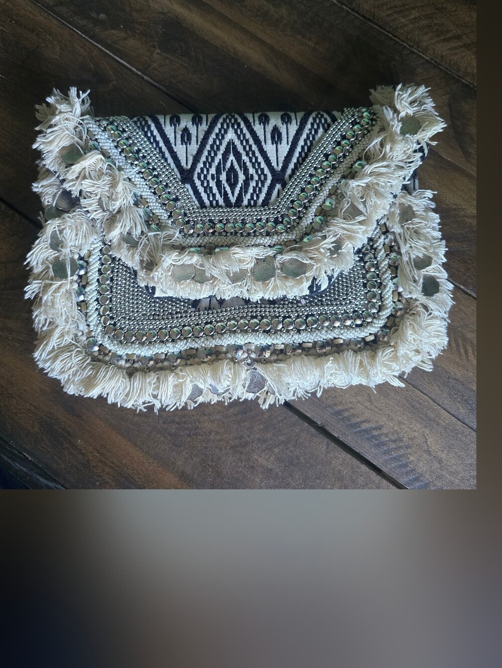 Antik Kraft Cream and Navy Boho Fringe Clutch
